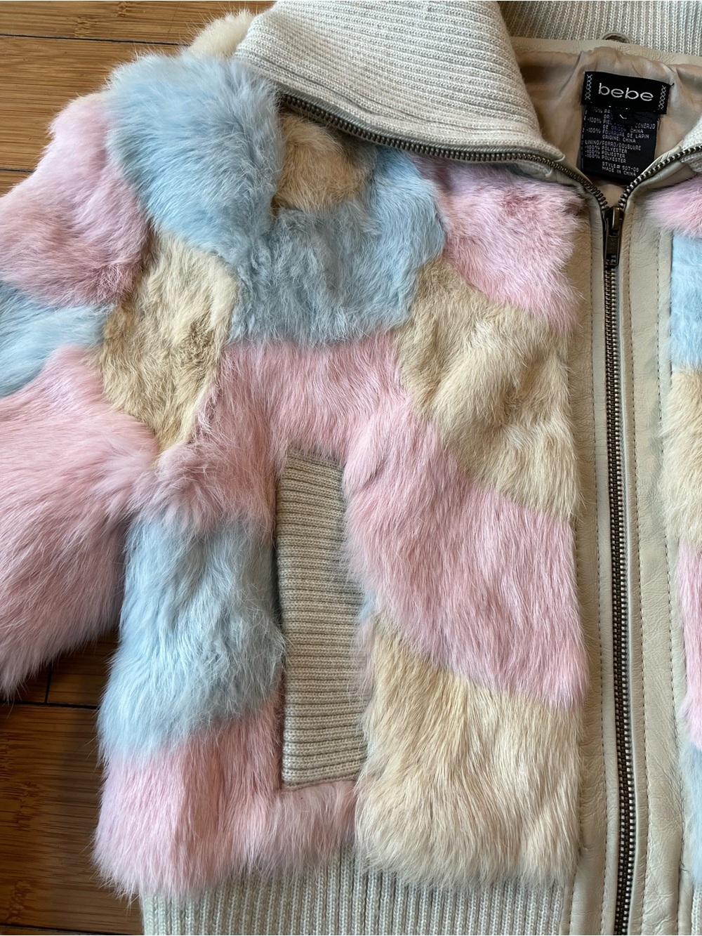 Y2K Vintage bebe Pastel Rabbit Fur Bomber Jacket - Cotton Candy Cream - Picture 7 of 12
